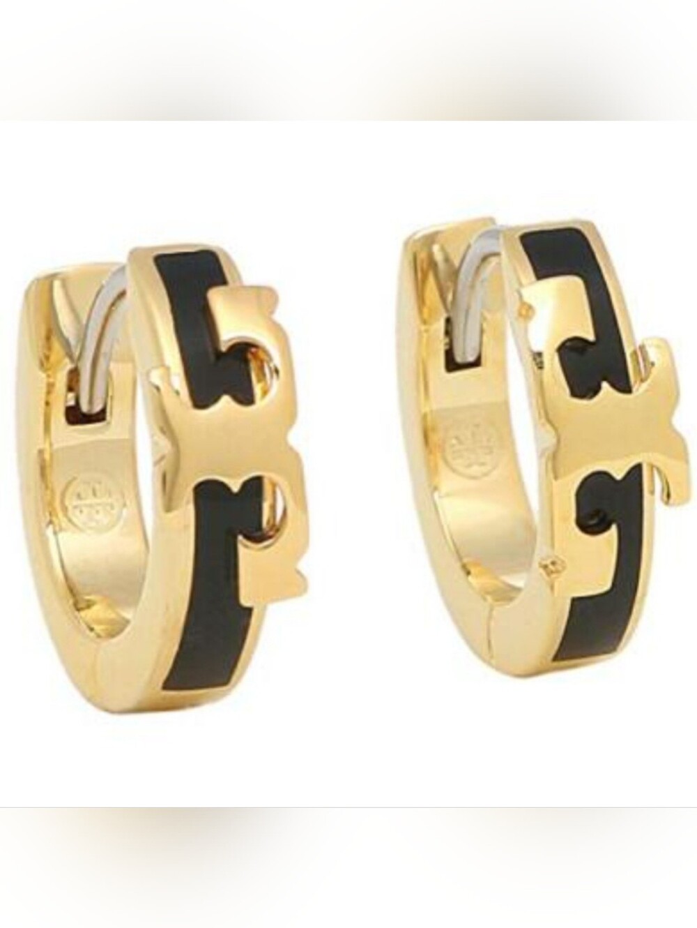 Tory Burch Kira Black Enamel Gold Tone Huggie Hoop Earrings